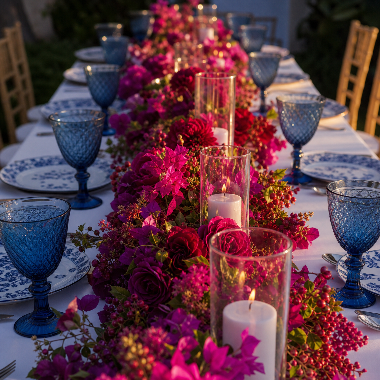 Dunkler Hochzeitstisch mit Magenta-Blumenläufer und Cobalt-Gläsern – Berry Bold