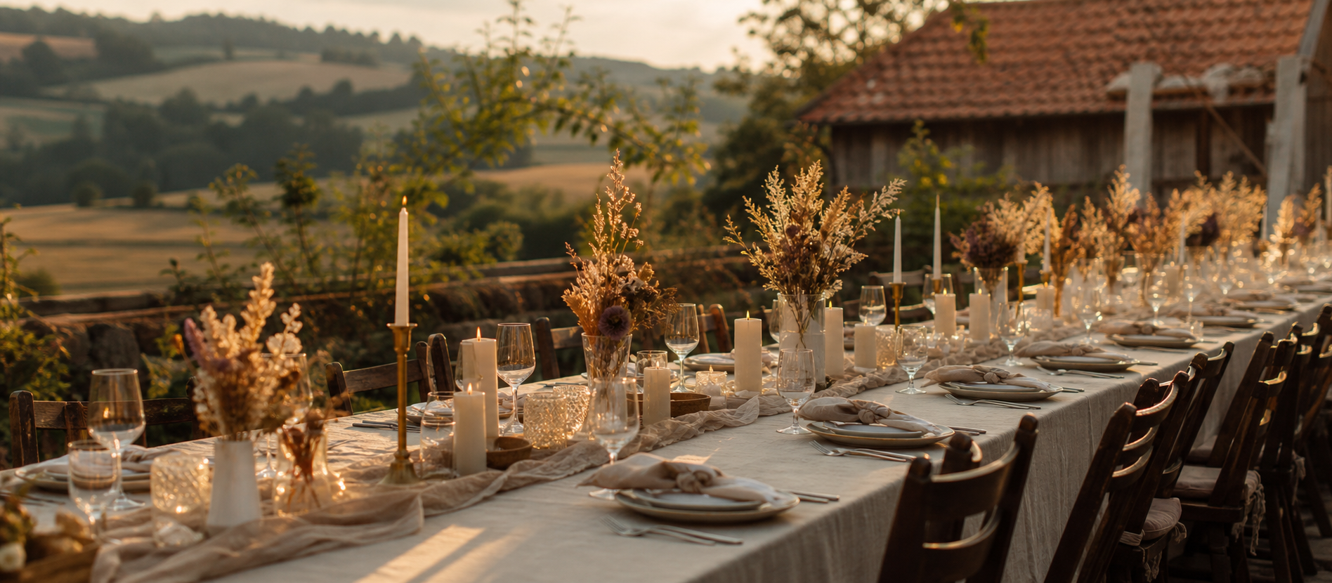 Langer Hochzeitstisch im Abendlicht mit Kerzen und Trockenblumen