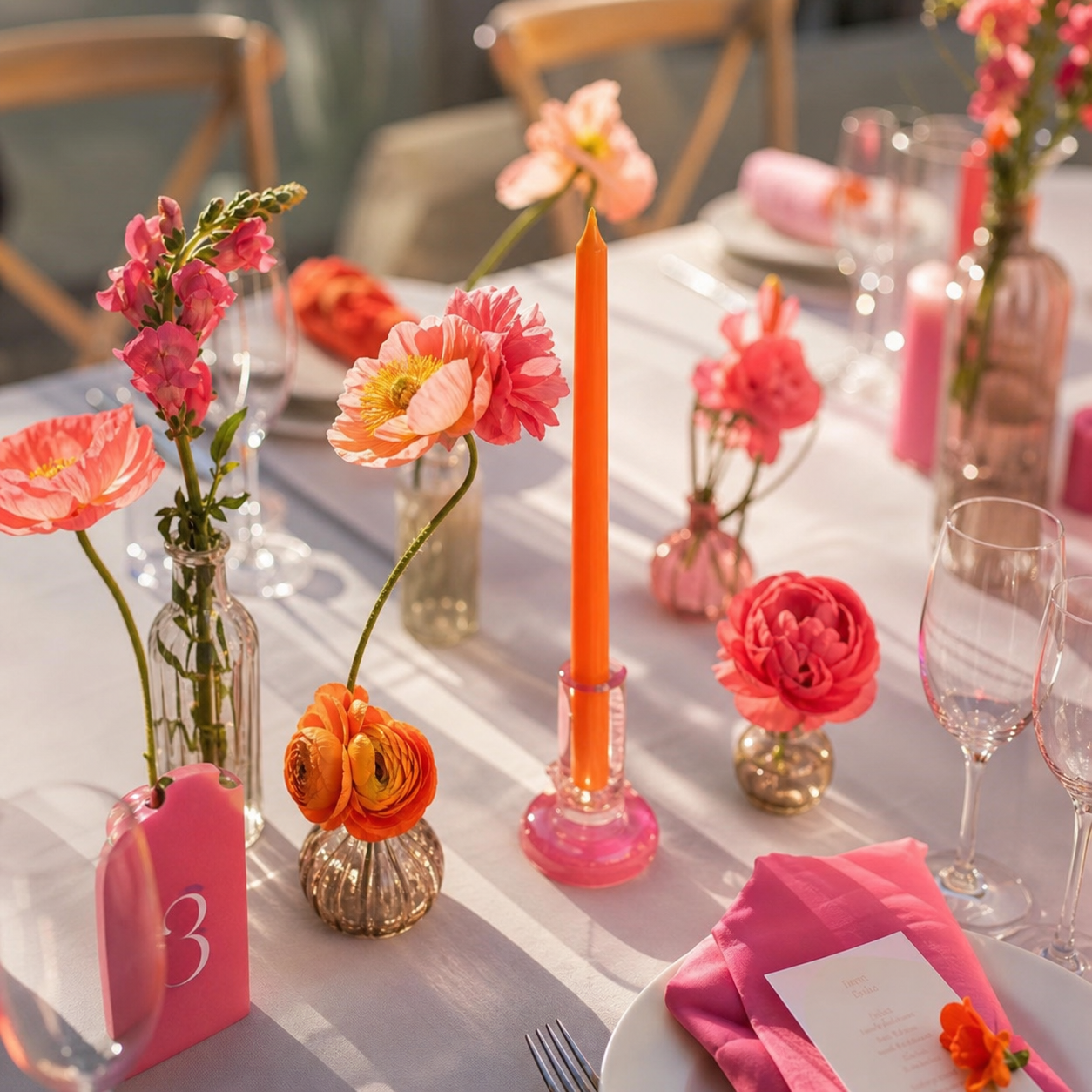 Farbenfrohe Hochzeitstischdekoration in Pink und Orange