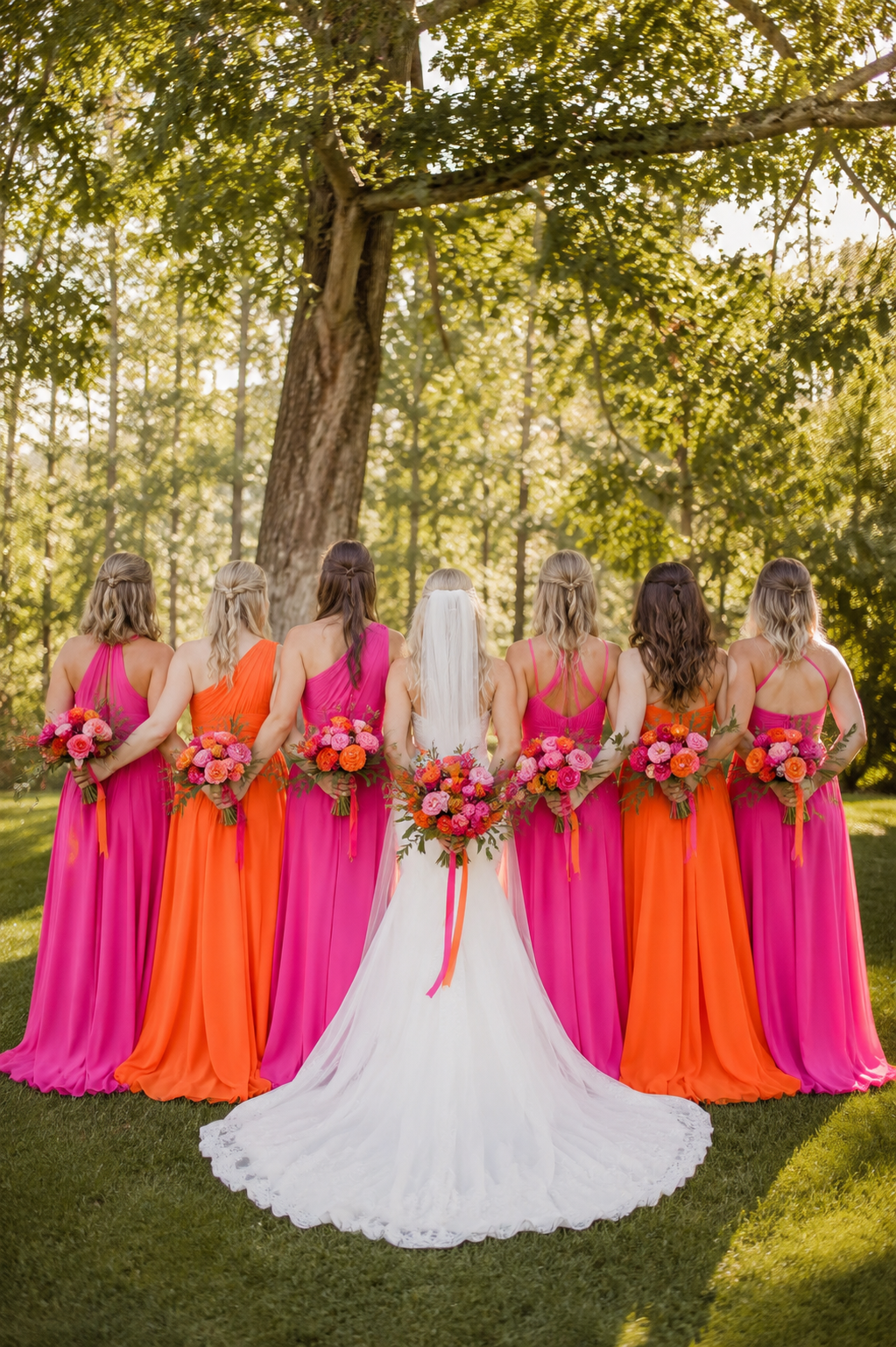 Braut mit Brautjungfern in Pink und Orange – Sunset Pop